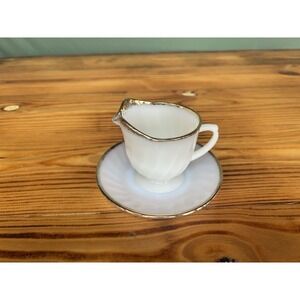 2-PC Vintage Fire King Milk Glass‎ Creamer Pitcher & Saucer Plate Ovenware USA